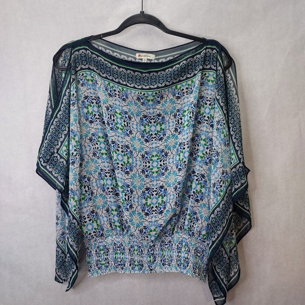 Max Studio Blouse Women's M Handkerchief Top Smocked Bandana Lined Festival Boho